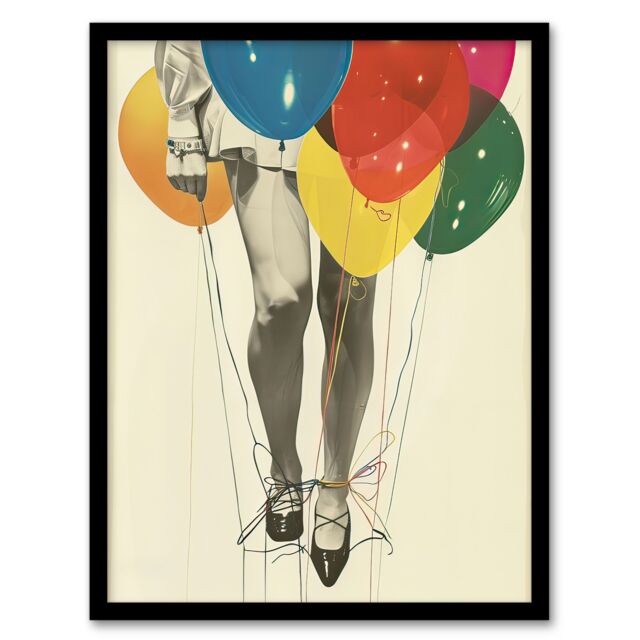 "Artery8 Party Over Woman Colourful Balloons Collage Framed Wall Art - Size: W12"" x H16""" - image 1