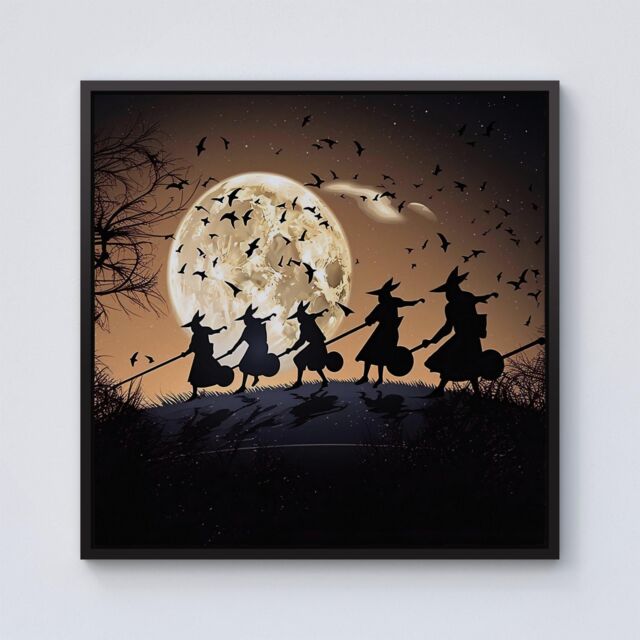 Warren Reed - Designer A Group Of Witches Riding Broomsticks Through The Night Framed Canvas in Black - Size: w10 inch x h10 inch - image 1