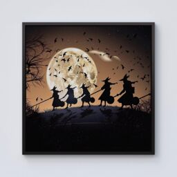 Warren Reed - Designer A Group Of Witches Riding Broomsticks Through The Night Framed Canvas in Black - Size: w10 inch x h10 inch - thumbnail 1