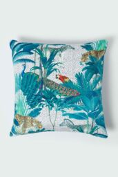 Homescapes Teal Jungle & Parrot Velvet Cushion 46 x 46 cm