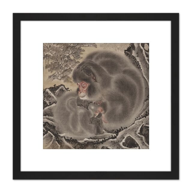 Artery8 Kyosai Two Monkeys Japan Painting 8X8 Inch Square Wooden Framed Wall Art Print Picture with Mount in Black - image 1