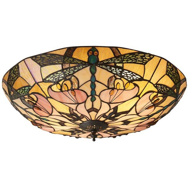 Loops Tiffany Glass Semi Flush Ceiling Light Dragonfly Round Inverted Shade i00032 in Clear - image 1