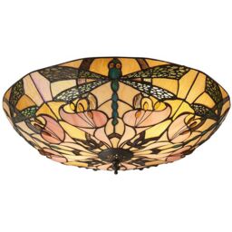 Loops Tiffany Glass Semi Flush Ceiling Light Dragonfly Round Inverted Shade i00032 in Clear - thumbnail 1