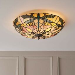 Loops Tiffany Glass Semi Flush Ceiling Light Dragonfly Round Inverted Shade i00032 in Clear - thumbnail 5