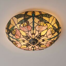 Loops Tiffany Glass Semi Flush Ceiling Light Dragonfly Round Inverted Shade i00032 in Clear - thumbnail 4