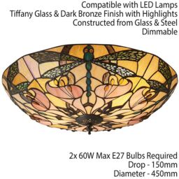 Loops Tiffany Glass Semi Flush Ceiling Light Dragonfly Round Inverted Shade i00032 in Clear - thumbnail 2