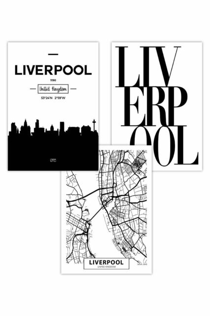 ARTZE Set of 3 LIVERPOOL Skyline Street Map City Prints Art Posters in Black - Size: W50 cm x H70 cm - image 1