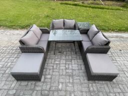 Fimous Outdoor Rattan Garden Furniture Set 8 Seater Patio Love Sofa Set with Rectangular Dining Table 2 Big Footstool Side Table in Dark Grey - thumbnail 1