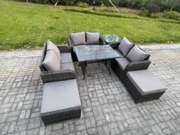 Fimous Outdoor Rattan Garden Furniture Set 8 Seater Patio Love Sofa Set with Rectangular Dining Table 2 Big Footstool Side Table in Dark Grey - thumbnail 2