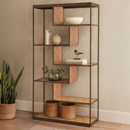 Orsina Brown Metal‑Frame Bookshelf, Dark Oak Veneer 5‑Shelf Ladder Unit, Industrial‑Style Bookcase for Living Room - thumbnail 1
