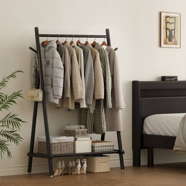 YQJJGL Stylish Mobile Rolling Clothes Rack With Hanging Rod Storage Shelves Garment Rack Coat Rack Solid Wood in Black - image 1