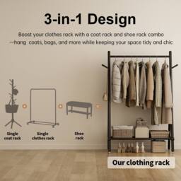 YQJJGL Stylish Mobile Rolling Clothes Rack With Hanging Rod Storage Shelves Garment Rack Coat Rack Solid Wood in Black - thumbnail 5