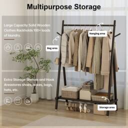 YQJJGL Stylish Mobile Rolling Clothes Rack With Hanging Rod Storage Shelves Garment Rack Coat Rack Solid Wood in Black - thumbnail 8