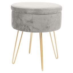 Harbour Housewares Round Velvet Storage Footstool - H45 x D36cm - Gold Legs in Grey