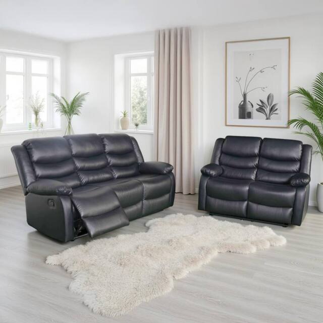 Furnishings For Less UK Cortland Leather Look 3 + 2 Sofa Suite Manual Reclining Black - image 1