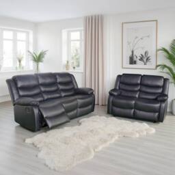 Furnishings For Less UK Cortland Leather Look 3 + 2 Sofa Suite Manual Reclining Black - thumbnail 1