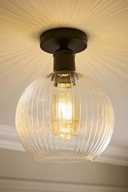 ValueLights Maddison Clear Ribbed Glass Globe Shades Flush Ceiling Light in Black - image 1