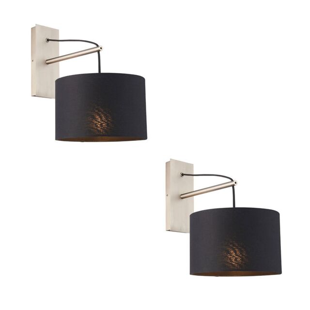 Loops 2 PACK Matt Nickel Wall Light & Black Cotton Fabric Shade - Hanging Wall Fitting in Metallics - image 1