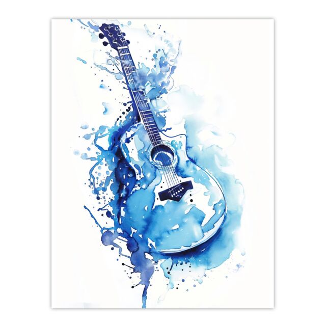 "Artery8 Abstract Music Guitar Blue Watercolour Splat Wall Art Print - Size: W24"" x H32""" - image 1