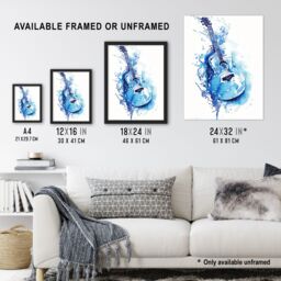 "Artery8 Abstract Music Guitar Blue Watercolour Splat Wall Art Print - Size: W24"" x H32""" - thumbnail 3