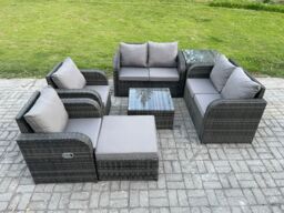 Fimous 7 Seater Rattan Sofa Set Outdoor Garden Furniture Set with Square Coffee Table Loveseat Sofa Reclining Chairs Side Table Big Footstool - thumbnail 1