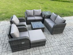 Fimous 7 Seater Rattan Sofa Set Outdoor Garden Furniture Set with Square Coffee Table Loveseat Sofa Reclining Chairs Side Table Big Footstool - thumbnail 2