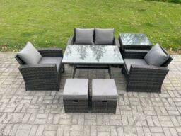 Fimous 6 Seater Outdoor Garden Furniture High Back Rattan Sofa Dining Table Set with SideTable 2 Small Footstools in Dark Grey - thumbnail 1
