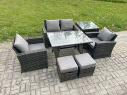 Fimous 6 Seater Outdoor Garden Furniture High Back Rattan Sofa Dining Table Set with SideTable 2 Small Footstools in Dark Grey - thumbnail 2