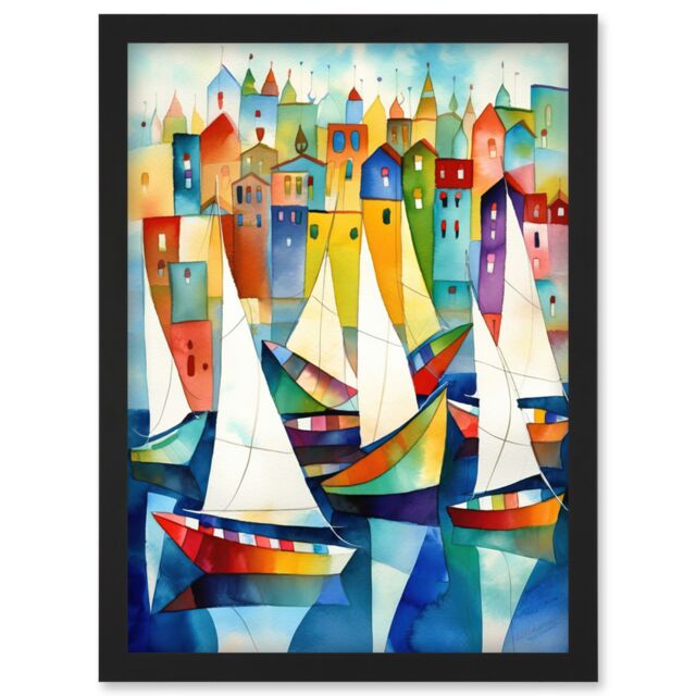 Artery8 Harbour Boats Folk Art Watercolour Painting Artwork Framed Wall Art Print A4 in Black - image 1