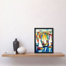 Artery8 Harbour Boats Folk Art Watercolour Painting Artwork Framed Wall Art Print A4 in Black - thumbnail 2