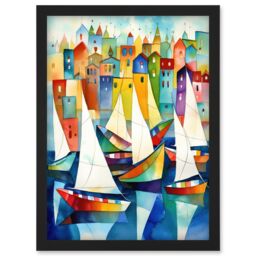 Artery8 Harbour Boats Folk Art Watercolour Painting Artwork Framed Wall Art Print A4 in Black - thumbnail 1