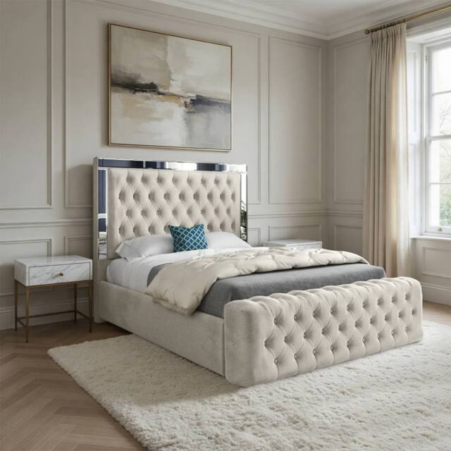 Casani Loweswater Mirror Upholstered Beige Soft Velvet Designer Bed Frame in Cream - Size: King - image 1
