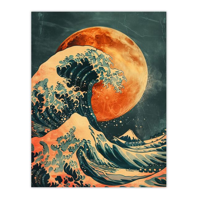 "Artery8 Orange Moon Traditional Japanese Waves Artwork Wall Art Print - Size: W18"" x H24""" - image 1