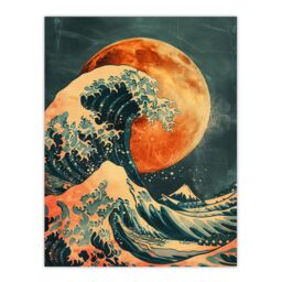 "Artery8 Orange Moon Traditional Japanese Waves Artwork Wall Art Print - Size: W18"" x H24""" - thumbnail 1