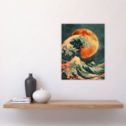 "Artery8 Orange Moon Traditional Japanese Waves Artwork Wall Art Print - Size: W18"" x H24""" - thumbnail 4