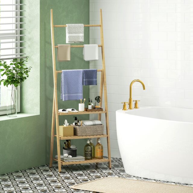 HOMCOM 3-Tier Folding Bamboo Bathroom Storage Shelving Unit with Towel Bars in Natural - image 1