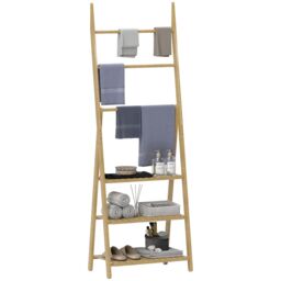HOMCOM 3-Tier Folding Bamboo Bathroom Storage Shelving Unit with Towel Bars in Natural - thumbnail 2
