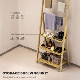 HOMCOM 3-Tier Folding Bamboo Bathroom Storage Shelving Unit with Towel Bars in Natural - thumbnail 5