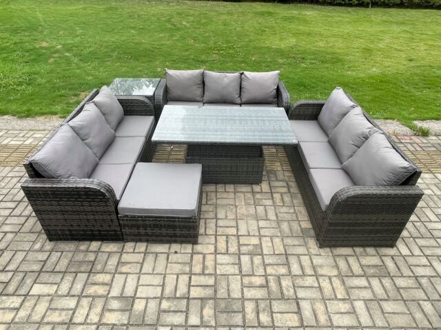 Fimous Patio Garden Dining Set Outdoor Rattan Furniture Lounge Sofa Height Adjustable Table With Side Table in Dark Grey - image 1