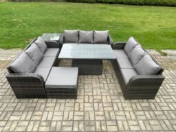 Fimous Patio Garden Dining Set Outdoor Rattan Furniture Lounge Sofa Height Adjustable Table With Side Table in Dark Grey - thumbnail 2