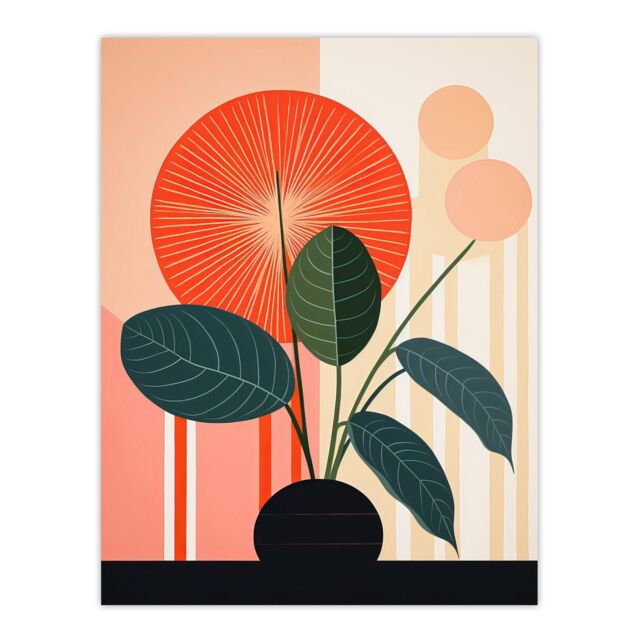 "Wee Blue Coo Wall Art Print Potted Plant Peculiar Abstract Geometric Stylised Boho Calathea Plant Poster in Red - Size: W24"" x H32""" - image 1