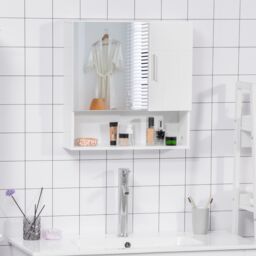 Kleankin Bathroom Mirror Cabinet Wall Mount Storage Organizer Door Shelves in White