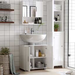 Kleankin Bathroom Mirror Cabinet Wall Mount Storage Organizer Door Shelves in White - thumbnail 4
