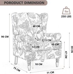 FURNITURE ONE Wingback Armchair, Padded Floral Retro Vantage Accent Chair in Bright Blue - Size: 1 Pack - thumbnail 5