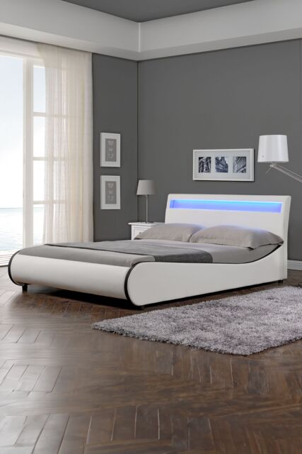 SlumberWorx Orion LED Lights Headboard Gaming Style Faux Leather Bed Frame w 15cm Comfort Foam Mattress in White - Size: Single - image 1