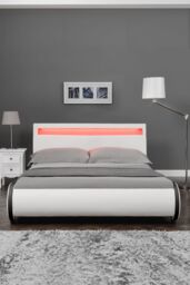 SlumberWorx Orion LED Lights Headboard Gaming Style Faux Leather Bed Frame w 15cm Comfort Foam Mattress in White - Size: Single - thumbnail 2