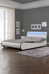 SlumberWorx Orion LED Lights Headboard Gaming Style Faux Leather Bed Frame w 15cm Comfort Foam Mattress in White - Size: Single