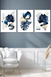 ARTZE Set of 3 White Framed Abstract Blue & Gold Botanical Wall Art in Navy - Size: W45 cm x H62 cm x D20mm - thumbnail 1