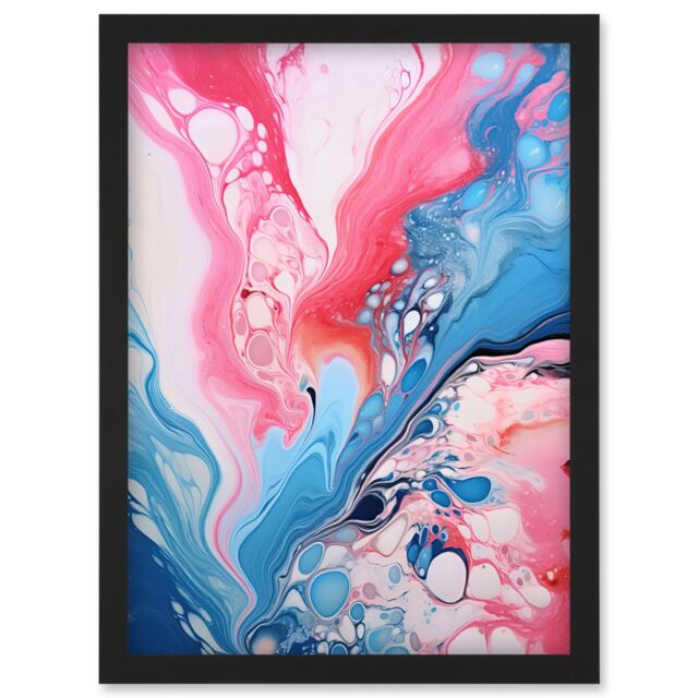 Artery8 Wall Art Print Fluid Paint Acrylic Pouring Abstract Artwork Pink Blue Flowing Colours Artwork Framed A4 in Black - image 1