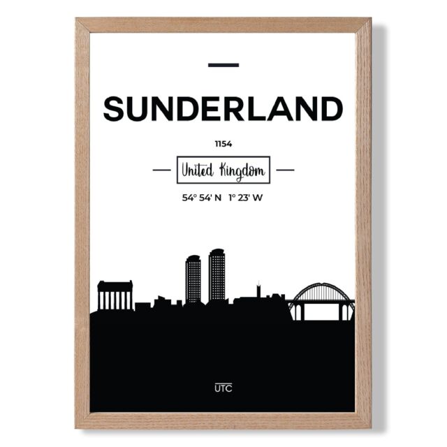 ARTZE Sunderland Black & White City Skyline Framed Print SIZE: A3 with Oak Frame - Size: A4 - image 1